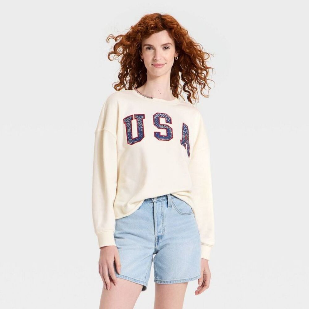 Women's Americana Pullover Sweatshirt - Universal Thread Cream Letters M